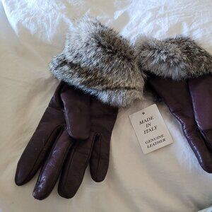 NEIMAN MARCUS BEAUTIFUL LEATHER/CASHMERE/RABBIT FUR GLOVES size 8 burgundy